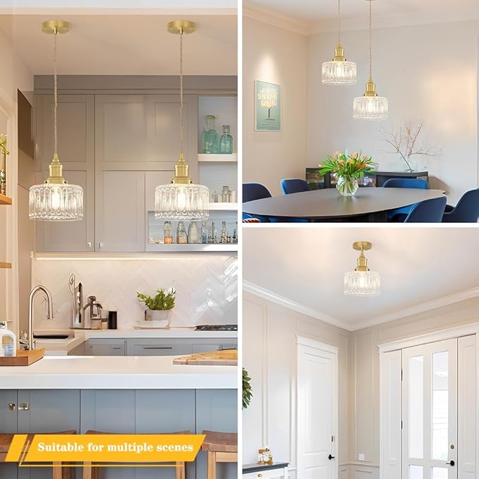Vintage Pendant Lights for Kitchen with Clear Striped Glass Shade, 6.9 In Brushed Gold Pendant Lights Kitchen Island, Small Kitchen Island Lighting Adjustable Hanging Light for Entrance Hallway
