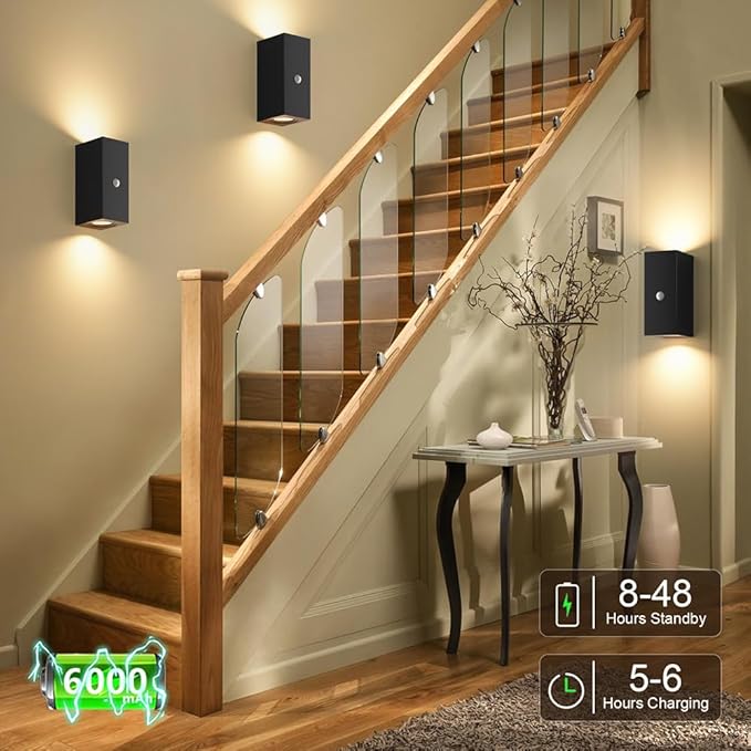 Aipsun Black Battery Operated Wall Sconces 2 Packs with Motion Sensor, Rechargeable Black LED Wall Lighting, Wireless Indoor Aluminum Wall Lights for Living Room, Hallway, Bedroom