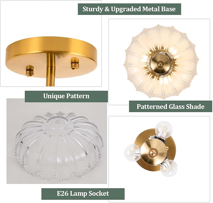 Ceiling Light, Vintage Light Fixtures Transparent Glass Shade 9.8 Inch Semi Flush Mount Ceiling Light Hallway Vintage Lights Fixture Ceiling for Living Room, Bedroom, Dining Room
