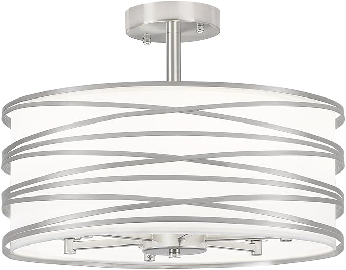 TOULMJ 6-Light Semi Flush Mount Ceiling Light, 16.53‘’ Brushed Nickel Drum Chandelier with White Fabric Shade, Modern Farmhouse Dimmable Light Fixtures for Kitchen Laundry Hallway Dining Room Foyer