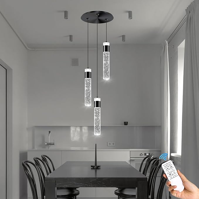 3-Light Pendant Lights Kitchen Island Black Crystal Column Chandelier Modern Dimmable LED Pendant Light for Dinning Room Living Room