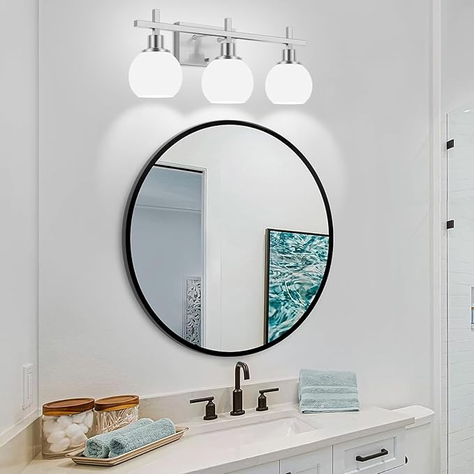 Dpyrrhic Modern Vanity Lighting Fixtures,3-Light Bathroom Lighting Fixtures Over Mirror，Brushed Nickel Wall Mounted Bathroom Vintage Lamp with Milky White Glass Lampshade for Living Room，Bedroom