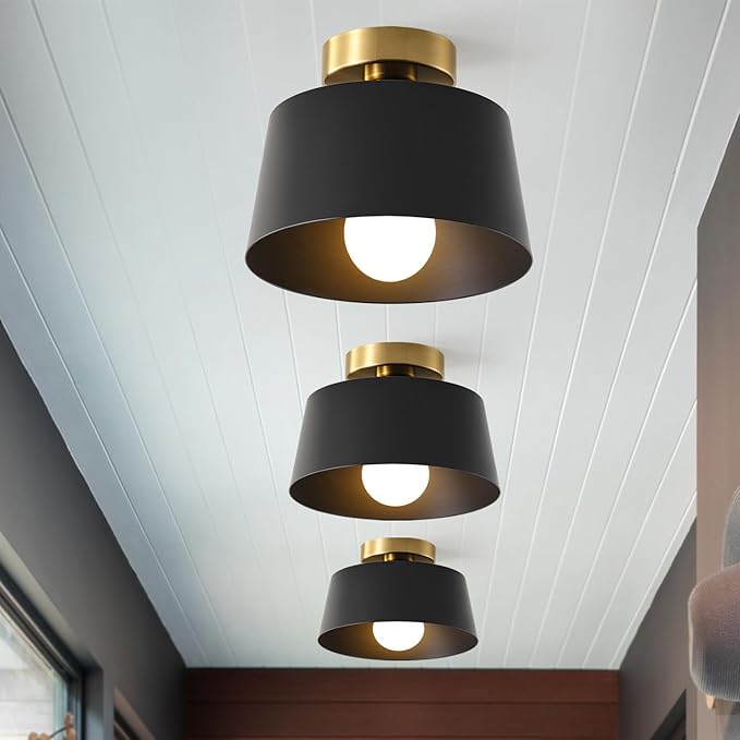 Modern Semi Flush Mount Ceiling Light with Gold Plate and Matte Black Shade, Farmhouse Ceiling Light Fixture for Kitchen Island Dining Room Foyer Hallway Porch Barn Loft，10in (Black 3 Pack)