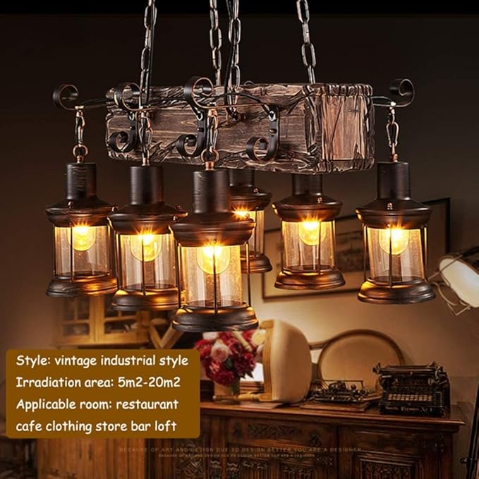 Wood Retro Vintage Pendant Lamp Industrial Metal Hanging Lamp Height Adjustable E27 6-Lights Retro Pendant Lamp Hanging Lamp Black for Kitchen Coffee Shop Dining Living Room Loft Rustic Ceiling