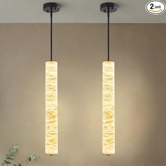 LMQNINE Natural Alabaster Pendant Lights White Marble 24" Long Tube Adjustable Boom Chandelier Modern 3000K Black Ceiling Light for Kitchen Island Bedroom Dining Room Living Room Hallway(M-2Pack)