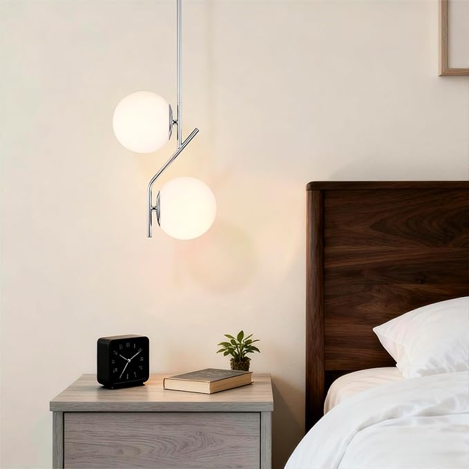 Mid Century Modern Pendant Light for Kitchen Island, 7.1 Inch Opal Glass Globe Hanging Light with Chrome Finish, Adjustable Height, E26 Base, Dining Room Ceiling Lighting