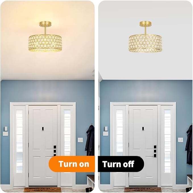Gold Crystal Ceiling Light Fixture - Modern Semi Flush Mount Ceiling Light for Hallway, Kitchen Lighting Fixtures Ceiling, Dazzling Prism Chandelier for Foyer Closet Bedroom, 3 Light, 12 in