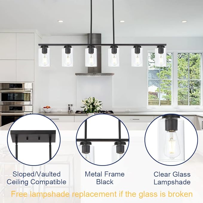TODOLUZ Black 6-Lights Kitchen Island Light with Clear Glass Shades, Farmhouse Hanging Pendant Light Fixture for Farmhouse Dining Room Living Room