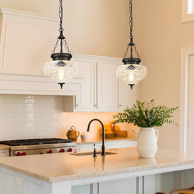 Vintage Pendant Light - Matte Black Pendant Lights Kitchen Island with Floral Glass, Hanging Lighting Fixtures with Adjustable Hanging Chain for Kitchen, Island, Dining Room, Entryway