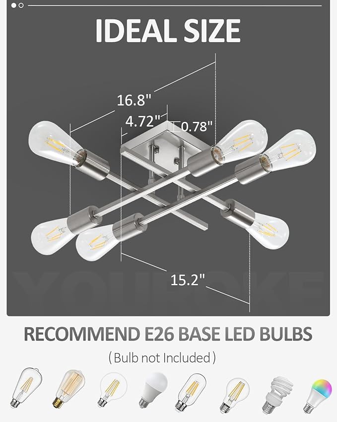 6-Light Semi Flush Mount Ceiling Light Fixture, 2 Pack Modern Brushed Nickel Sputnik Chandelier Lighting, Farmhouse E26 Stock Ceiling Lamp Kitchen Living Room Entryway, Bulbs Not Included