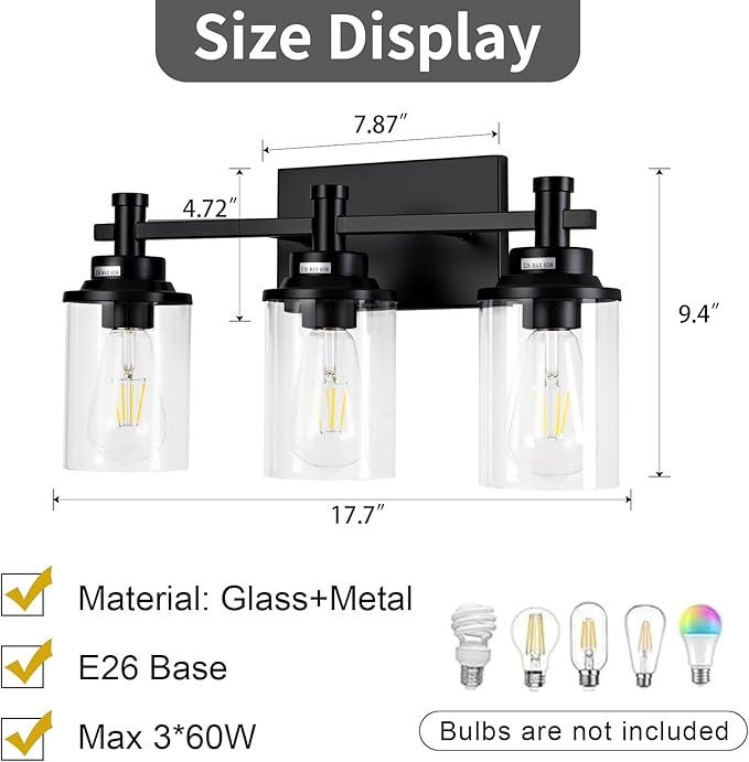 3 Light Bathroom Light Fixtures, Modern Black Vanity Lights Over Mirror, Wall Sconce with Clear Glass Shade and Metal Base, Vanity Lights for Bathroom, Wall Lamp for Mirror Bedroom Hallway