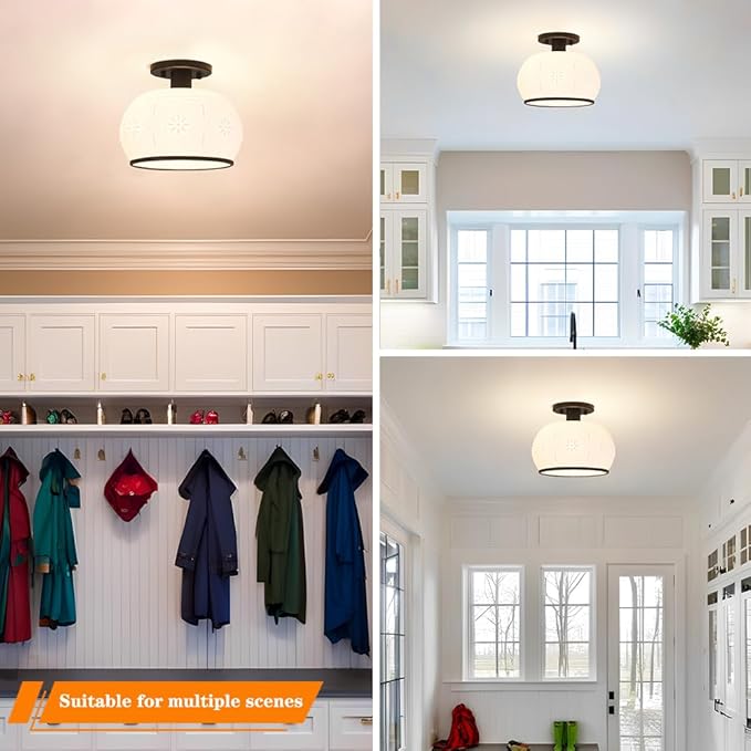 Matte Black Semi Flush Mount Ceiling Light with Milk Glass Shade, Hallway Lighting Fixtures, Vintage Ceiling Light for Kitchen, Bedroom, Closet, Entryway, Porch