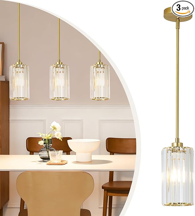 3 Pack Gold Pendant Lights Kitchen Island, Modern Pendant Lighting with Clear Crystal Shade, Vintage Brass Chandelier Light Fixtures Ceiling Hanging for Dining Room Bedroom Foyer Hallway