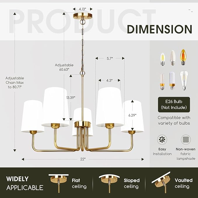 Farmhouse Chandelier Gold Chandeliers for Dining Room with White Fabric Shade Rustic 5 Lights Dining Room Light Fixture for Kitchen, Bedroom, Living Room