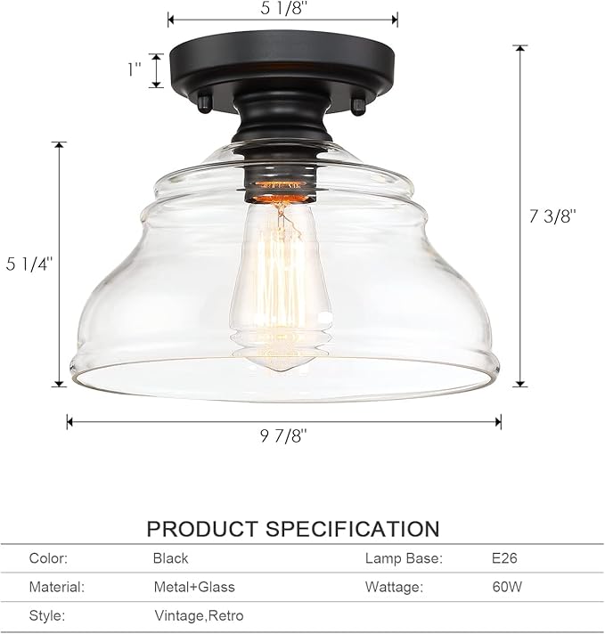 MEXO Industrial Semi Flush Mount Ceiling Light, Modern Clear Glass Light Fixture Farmhouse 10" Close to Ceiling Lights in Black Finish for Hallway Bedroom, Kitchen Entryway Cafe Bar Porch