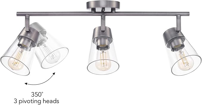 GLOBE Electric 64000045 24" 3-Light Track Lighting, Pewter, Clear Glass Shades, Ceiling Light, Pivot Shade, 3 Bulb, Kitchen Lights, E26 Socket