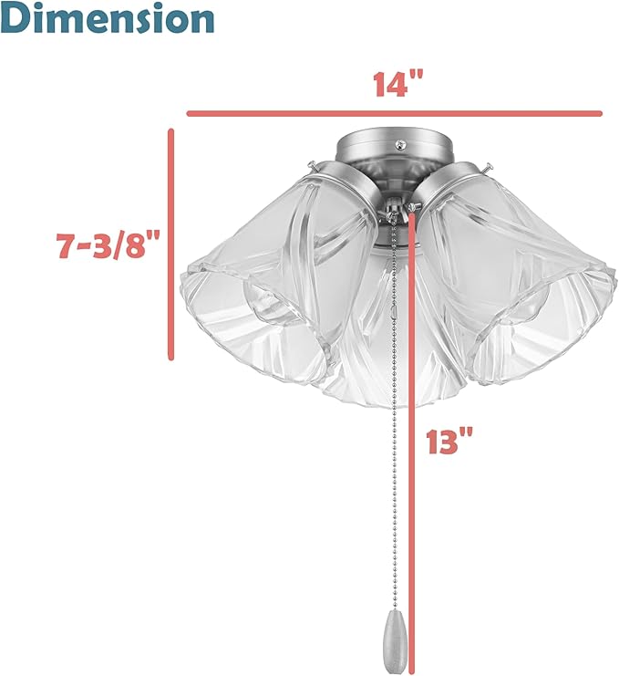 Aspen Creative 22012-3, Three-Light Ceiling Fan Light Kit with Pull Chain, Matte Black Finish with Frosted and Clear Glass Shades, 14" Diameter x 7-3/8" Height