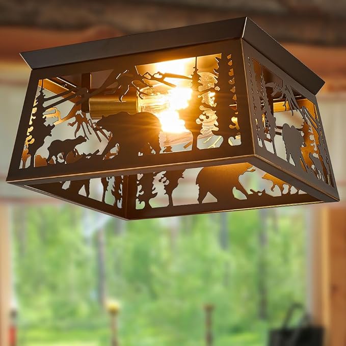 Rustic Light Fixture, 2-Light Farmhouse Flush Mount Ceiling Light Fixture, Metal Bear Country for Bedroom Foyer Entryway Hall Lights Ceiling Mount,E26 Bulbs, 12.5"