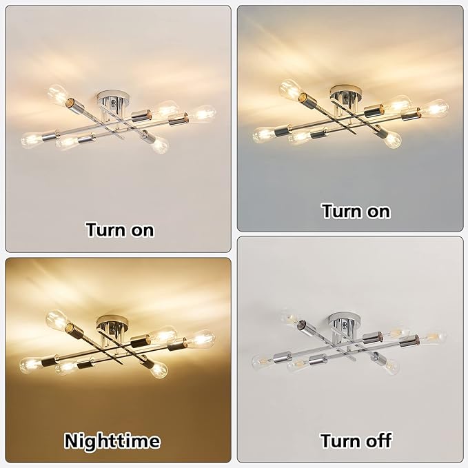 ZGLAOJT 6-Lights Semi Flush Mount Ceiling Light Fixture，Chrome Industrial Chandelier，Farmhouse Lighting for Dining Room Living Room Kitchen Bedroom