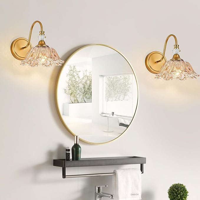 1 Piece Vintage Wall Sconce with Floral Amber Glass Shade, Matte Brass Finish Wall Sconce for Bathroom,Vintage Bathroom Vanity Light Fixture