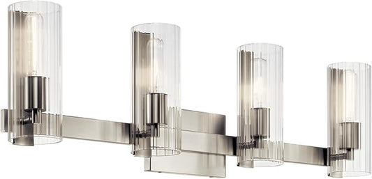 Kichler Jemsa 4-Light Bathroom Vanity Light Fixture with Clear Fluted Glass in Brushed Nickel, Modern Wall Mount Light for Bathroom or Powder Room (9.75" x 32"), 55169NI