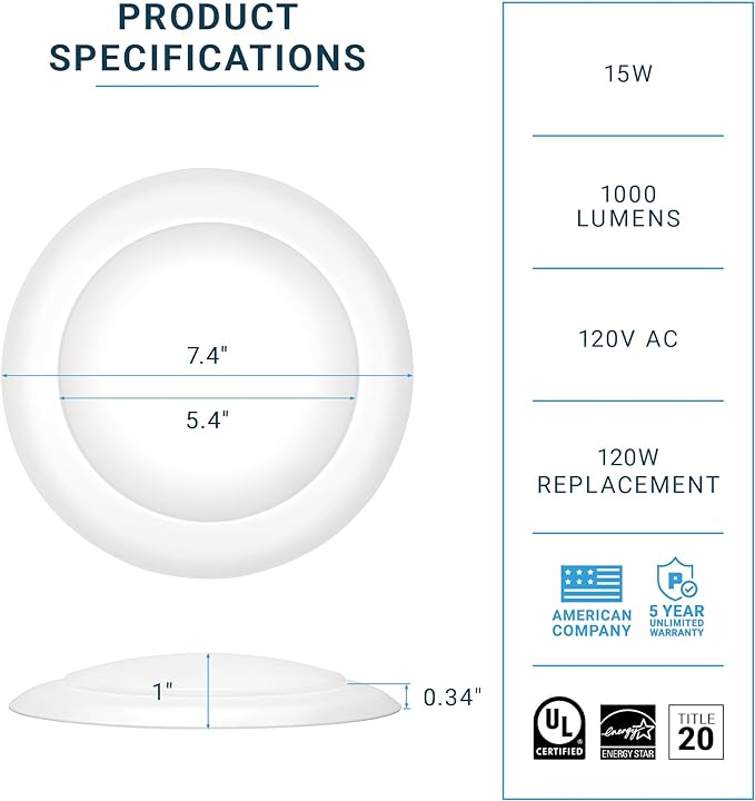 PARMIDA (12 Pack) 5/6 Inch Dimmable LED Disk Light Surface Flush Mount 15W, UL Listed, Recessed Retrofit Ceiling Disc Lights, Energy Star, Installs into Junction Box Or Recessed Can,1050lm - 5000K