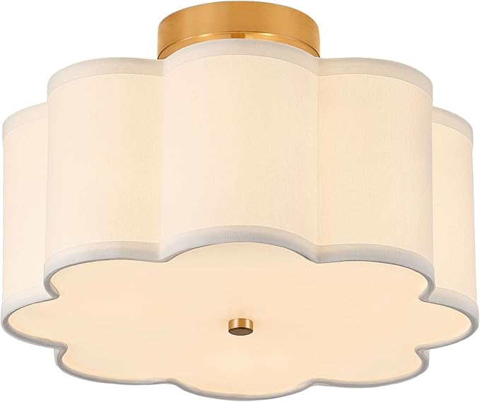 13.3"Semi Flush Mount Ceiling Light Fixture, 3-Light Modern Close to Ceiling Light With Fabric Flower-Shaped Shade, Light Fixtures Ceiling Mount for Bedroom Nursery Kids Room Living Room(Gold)