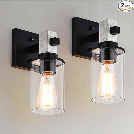 Rustic Wall Sconces Set of 2,Hardwired 1-Light White Wood Farmhouse Sconce with Clear Glass Cylinder Shade,Matte Black Metal Wall Light,E26 Indoor Bathroom Vanity Fixture for Mirror,Bedroom,Hallway