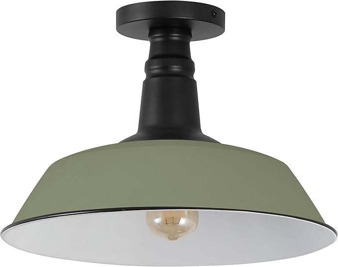 JONATHAN Y 14" Matte Olive Green/Black Industrial LED Semi Flush Mount Ceiling Light for Porch, Kitchen, Entryway, Modern Farmhouse Iron Fixture, White Metal Shade, LED Bulb Included (JYL7617I)