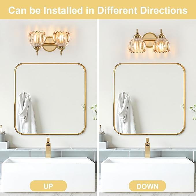 Vintage Bathroom Light Fixtures, Brass Vanity Lights with Amber Tulip Glass Shade, Vanity Sconces for Bathroom Bedroom Living Room Hallway, 2-Light