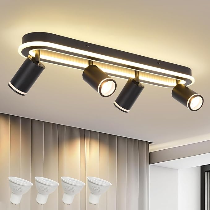 LED 4 Light Track Lighting Spotlight Kit, Black Ceiling Spotlights, Modern Track Light Fixture with Flexibly Rotatable Light Heads, 50W+20W Dual Lighting for Kitchen Living Room,Includes 4 x GU10 Bulb
