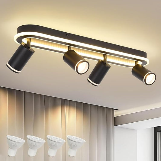 LED 4 Light Track Lighting Spotlight Kit, Black Ceiling Spotlights, Modern Track Light Fixture with Flexibly Rotatable Light Heads, 50W+20W Dual Lighting for Kitchen Living Room,Includes 4 x GU10 Bulb