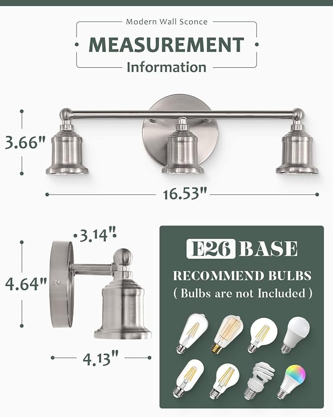 3-Light Vanity Light Fixture, Modern Brushed Nickel Wall Sconce Light Fixture, Farmhouse Silver Bathroom Wall Lighting for Over Mirror, E26 Base Wall Lamp for Bedroom (Bulb Not Included)