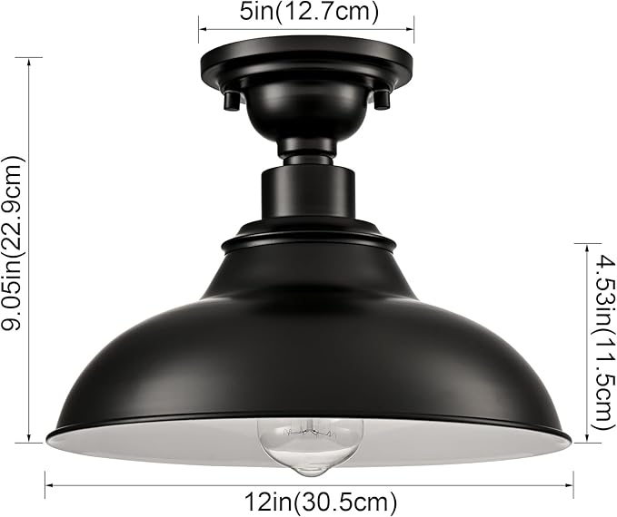 SAMTEEN 12-Inch Farmhouse Semi Flush Mount Ceiling Light Black 1-Light Industrial Barn Ceiling Light Matte Black Hallway Light Fixtures Ceiling for Bedroom Kitchen Foyer Loft