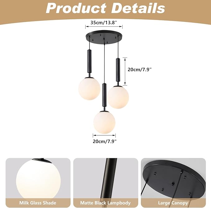 KCO Lighting 3 Light Globe Cluster Pendant Light Modern Large Milk Glass Chandelier Mid Century Black Cluster Chandelier Pendant Lighting Vintage Multi Light Hanging Ceiling Fixture