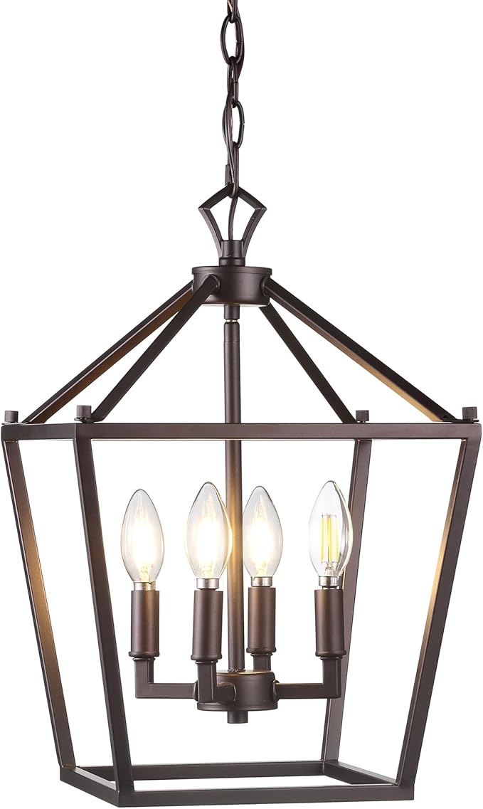 JONATHAN Y 12" Oil Rubbed Bronze Lantern Pendant Light, 4-Light Pagoda Style Metal Cage Farmhouse Hanging Ceiling Fixture for Kitchen Island, LED Bulb Included (JYL7436A)
