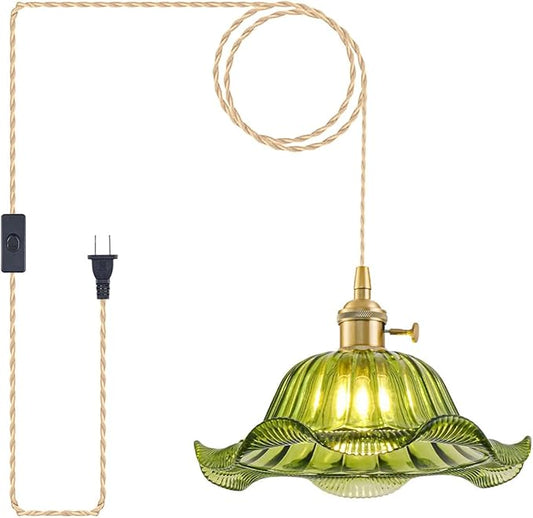 Plug in Pendant Light Vintage, Adjustable Pulley Hanging Lamp with Green Lily Glass Shade, Brass Hanging Lights with Plug in Cord for Bedroom Kitchen, Compatible with Indoor Plant Grow Light Bulbs
