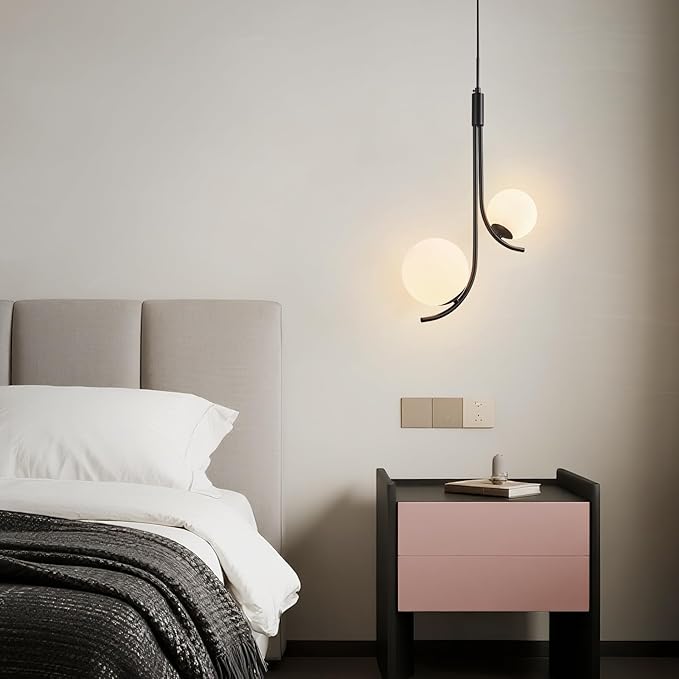 Modern Pendant Light Fixture Black Globe Pendant Lights Kitchen Island White Frosted Milk Glass Sputnik Chandelier Vintage for Kitchen, Office, Entryway (2-Light)