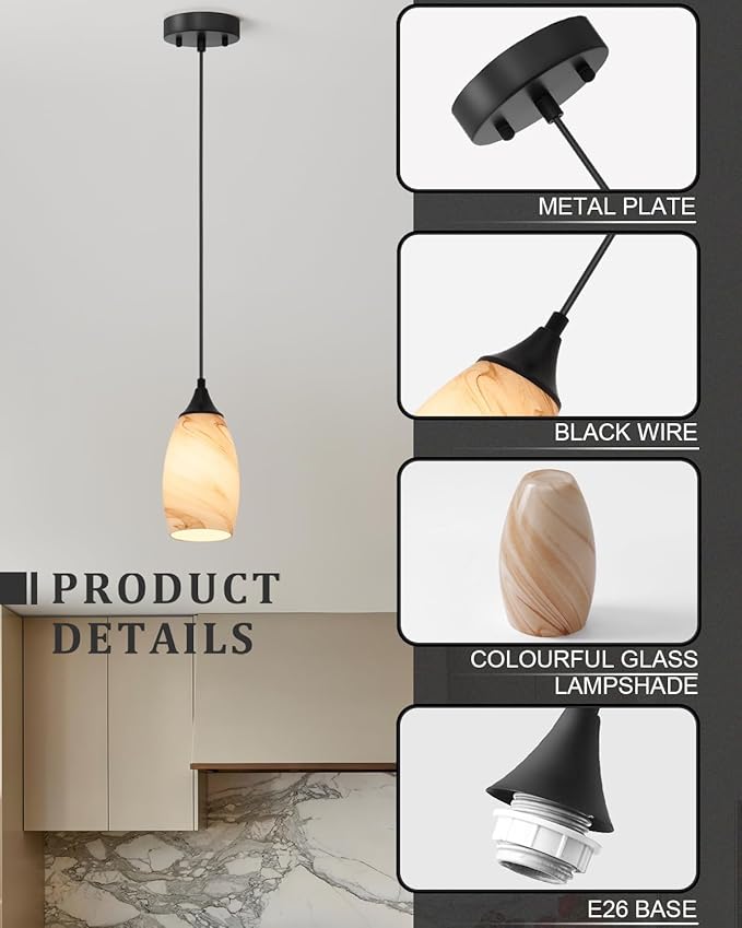 ANYLOVE Vintage Art Brown Stripe Pendant Lighting,3-Pack Hand Glass Hanging Light Fixture,Adjustable Cord for Kitchen,Hallway,Dining Room