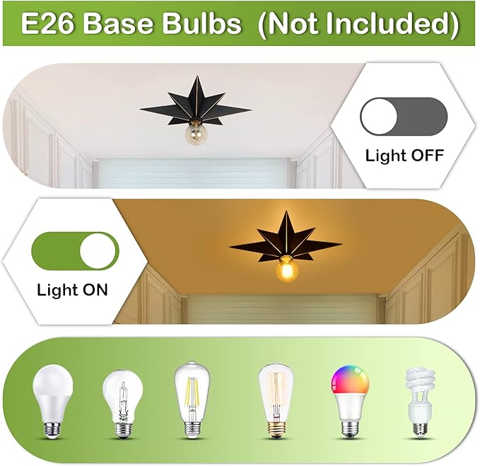 16 inch Flush Mount Ceiling Light, Industrial Black Metal Star Ceiling Lights, Vintage Entryway Light Fixtures, Farmhouse Star Lighting for Hallway, Porch, Study, Bedroom, Stair, Kitchen, Bathroom