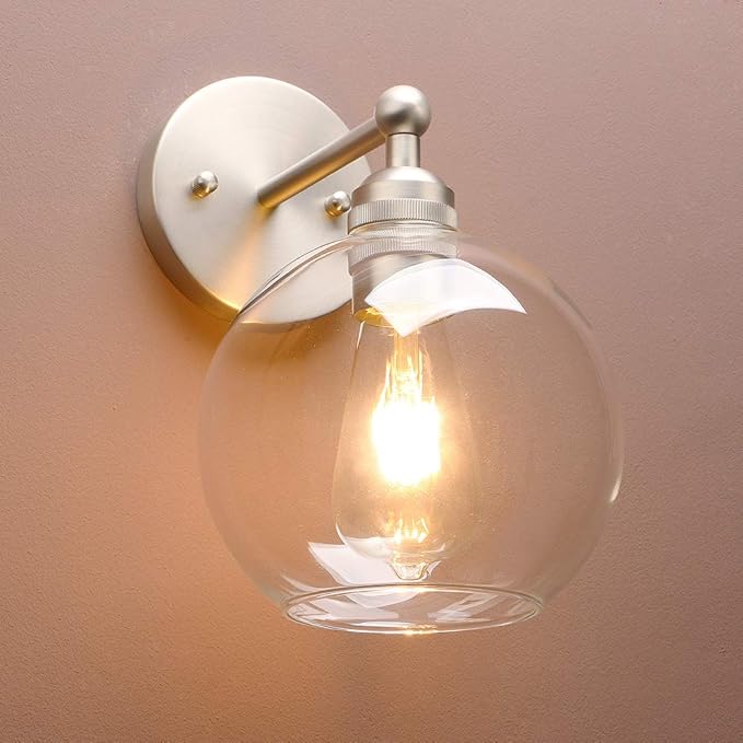 Yosoan Brass Boho Vanity Bathroom Wall Sconce, 1-Light Indoor Hardwired Wall Mounted Vintage Industrial Fixture Lights with Double Hole Round Glass Lamp for Mirror, Living Room, Hallway(Brushed)