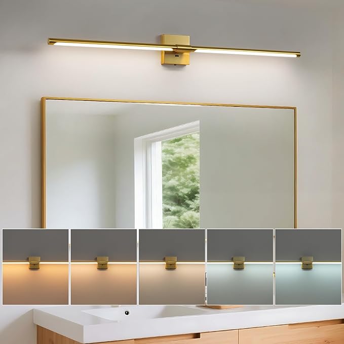 Gold Vanity Light Fixtures for Bathroom Over Mirror 40 inch LED Bath Sconces IP44 5CCT Adjustable Morden Picture Lights for Paintings (Built-in Dimmer)