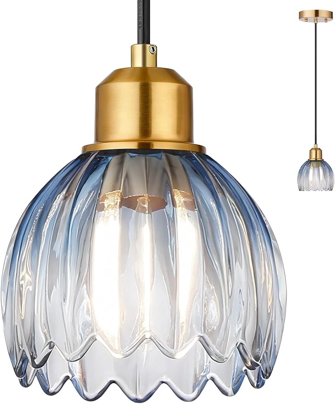 TALOYA Pendant Light with Blue Tulip Glass Lampshade, Brass Vintage Pendant Light Adjustable Hanging Light for Kitchen Island Bedroom Dining Room Hallway& Bar