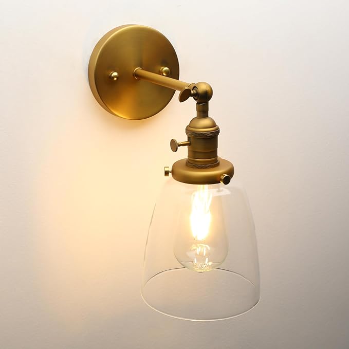 Pathson Vintage Wall Sconce Lighting with On Off Switch, Clear Glass Shade Brass Vanity Light, Industrial Wall Fixtures for Living Room Bathroom Bedroom Garage Porch