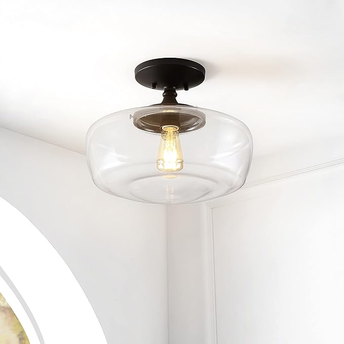 JONATHAN Y 14" Oil Rubbed Bronze Modern Farmhouse LED Flush Mount Light Fixture, Clear Glass Shade, Rustic Industrial Schoolhouse Lamp for Kitchen Hallway Bedroom JYL7517A