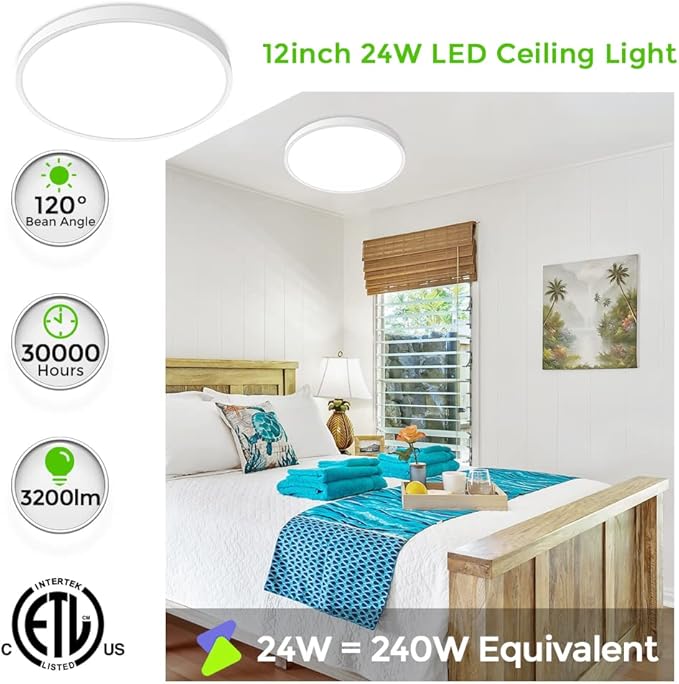 inShareplus 12inch LED Ceiling Light, White 24W(240W Equiv) 6000K Cold White Flush Mount Ceiling Lights Fixture, Super Bright, 3200LM Modern Ceiling Lamp for Bedroom Kitchen, Office, Hallway