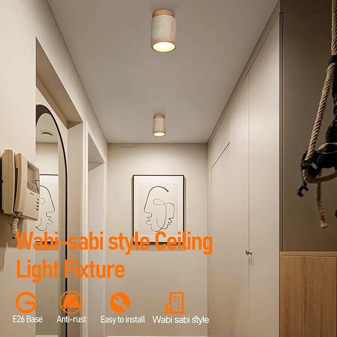 Nordic Retro Yellow Travertine Ceiling Light Fixture Japanese Wabi-Sabi Bedroom Ceiling Lights Farmhouse Flush Mount Ceiling Lighting for Hallway, Kitchen, Entryway and Foyer