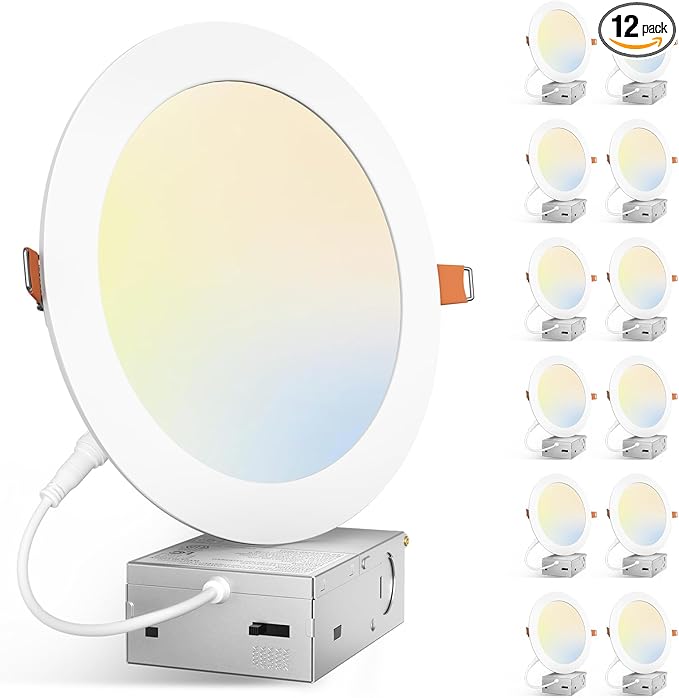 Amico 12 Pack 7 Inch 5CCT Ultra-Thin LED Canless Recessed Ceiling Light with Junction Box, 2700K/3000K/3500K/4000K/5000K Selectable, 15W=100W, 1300LM High Brightness, Dimmable Wafer Downlight, ETL&FCC