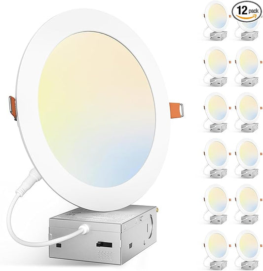 Amico 12 Pack 7 Inch 5CCT Ultra-Thin LED Canless Recessed Ceiling Light with Junction Box, 2700K/3000K/3500K/4000K/5000K Selectable, 15W=100W, 1300LM High Brightness, Dimmable Wafer Downlight, ETL&FCC