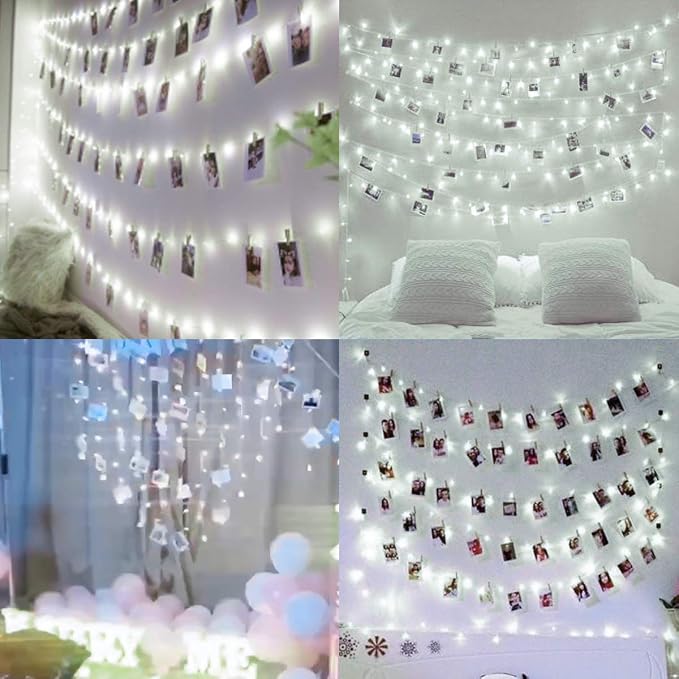 Decute 100 LED 50 Photo Clips String Lights Holder 33FT Starry Fairy Lights for Hanging Pictures Cards Memos USB Powered with Switch Perfect for Bedroom Wedding Dorm Christmas Decor (Cool White)